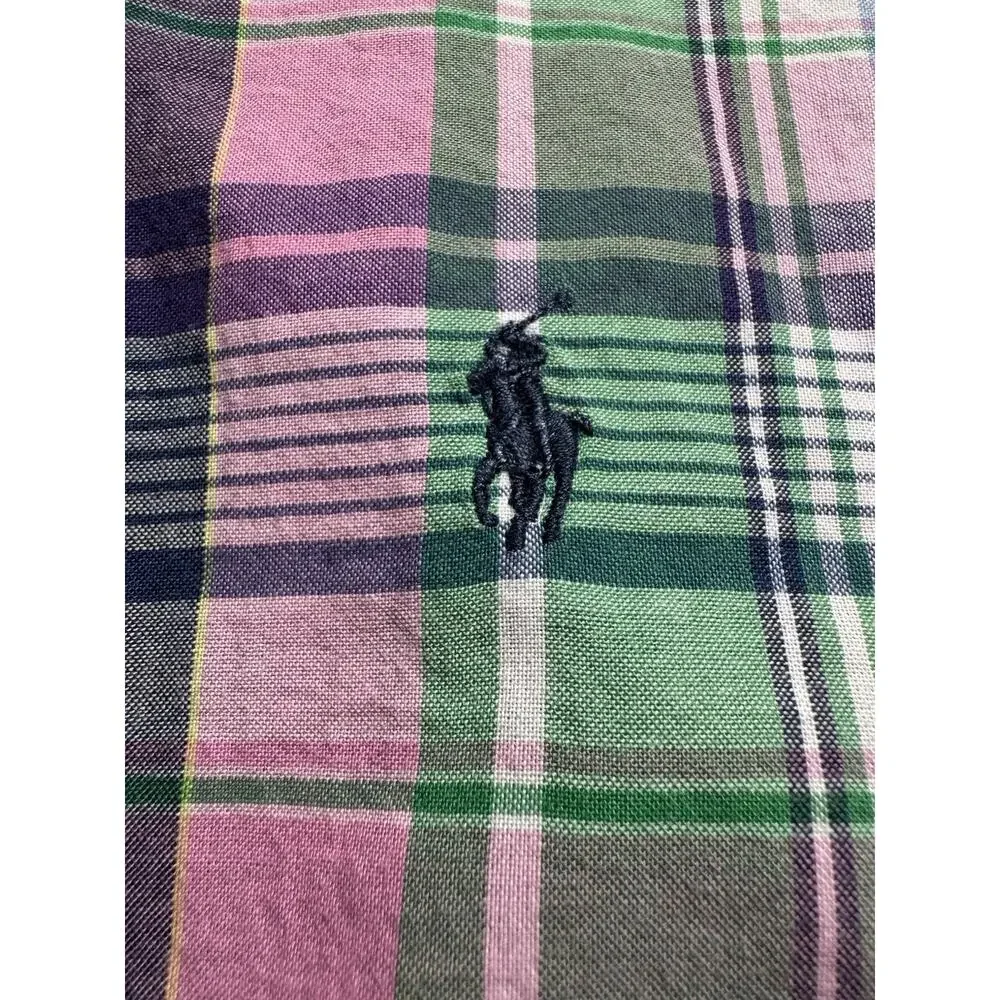 Ralph Lauren Boys M 10-12 Pink Green Plaid Button Front Shirt Pony Logo